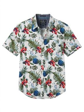 Men's Floral Short-Sleeve Button-Up Shirt - White with Green, Blue & Red Print.